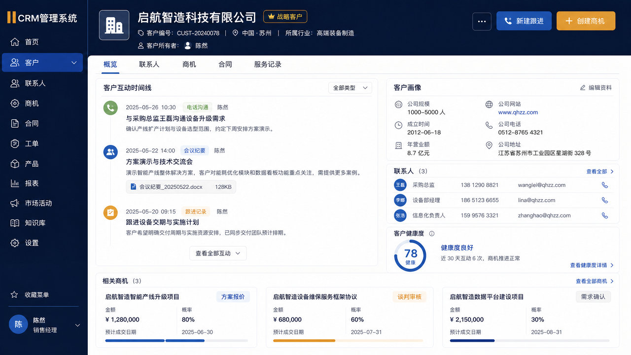 CRM管理系统客户360度档案界面示意